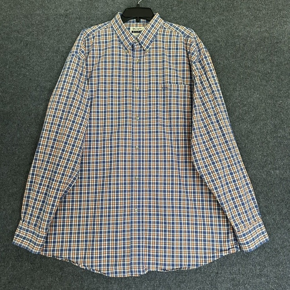 Wrangler Riata Men's XL Shirt Plaid Check Long Sleeve Button Down Blue Orange